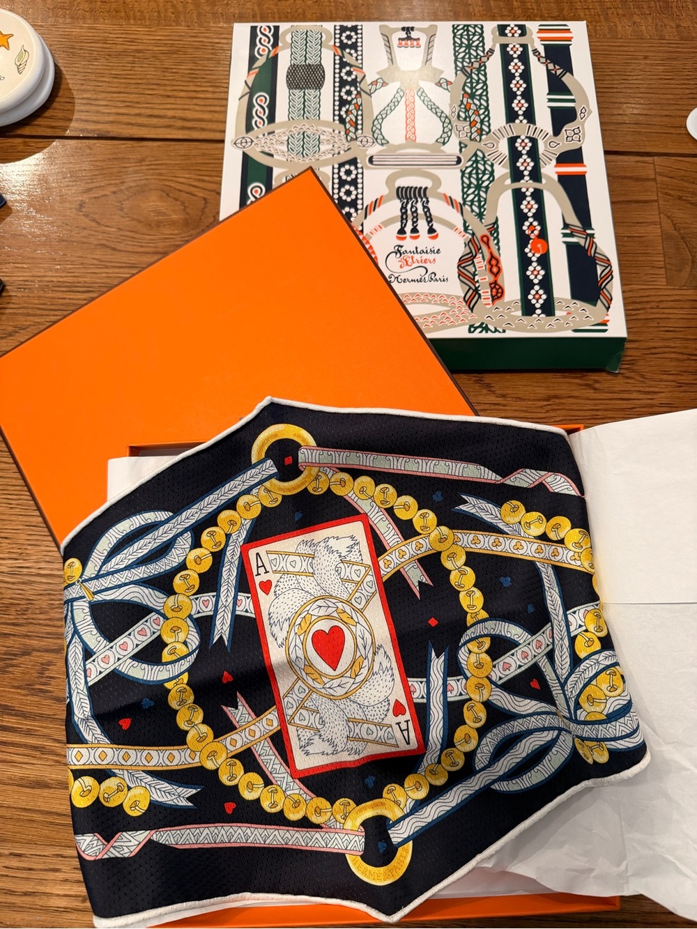 Hermes Black Silk Scarf with Gold and Red Playing Card Motif